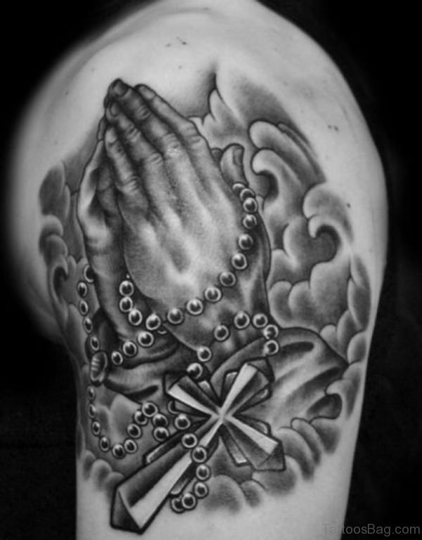 Rosary With Praying Hands Tattoo For Shoulder