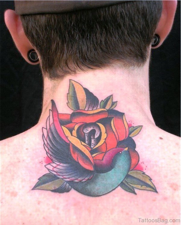 Rose And Bird Tattoo On Neck