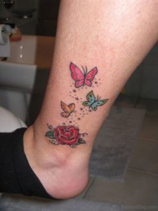 Rose And Butterfly Tattoo On Ankle