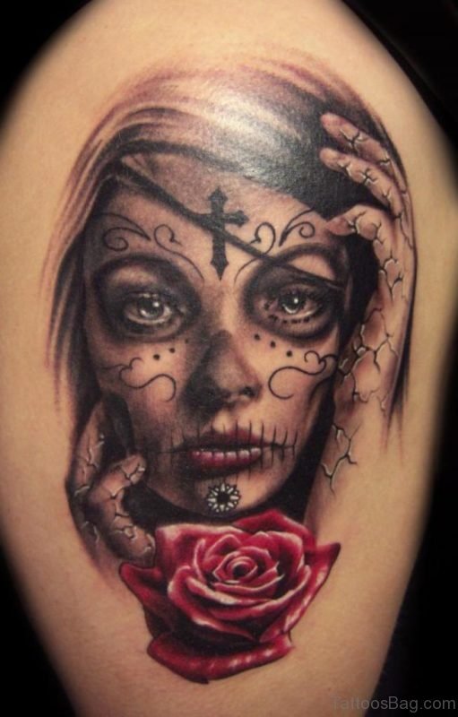 Rose And Girl Portrait Tattoo
