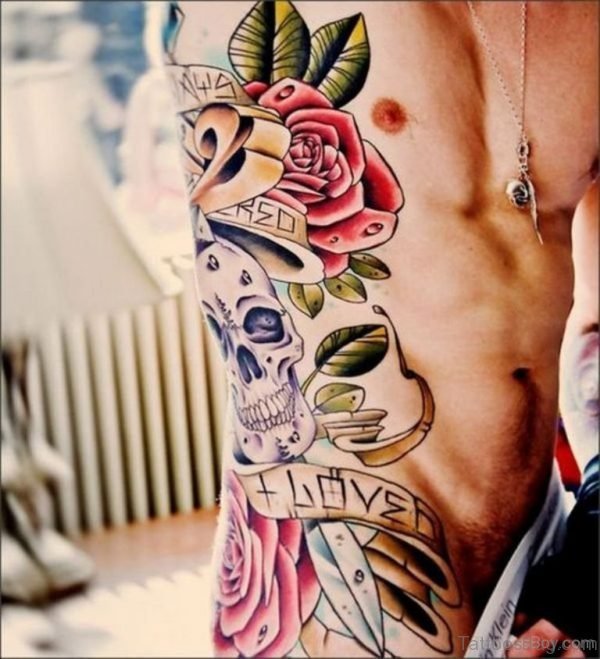 Rose And Skull Tattoo On Rib