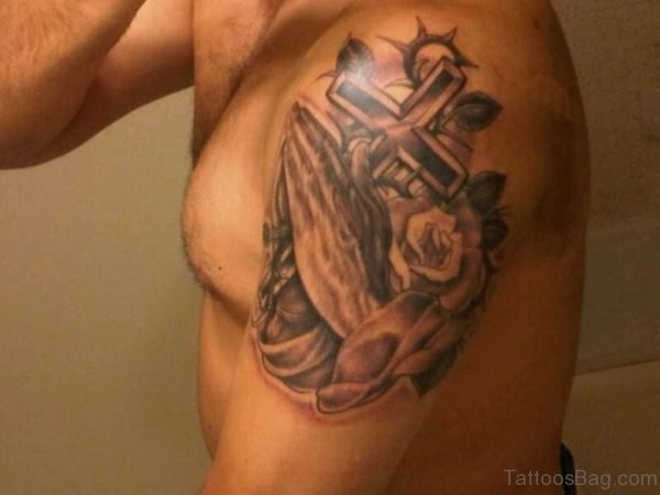 Rose Cross And Praying Hands Tattoo