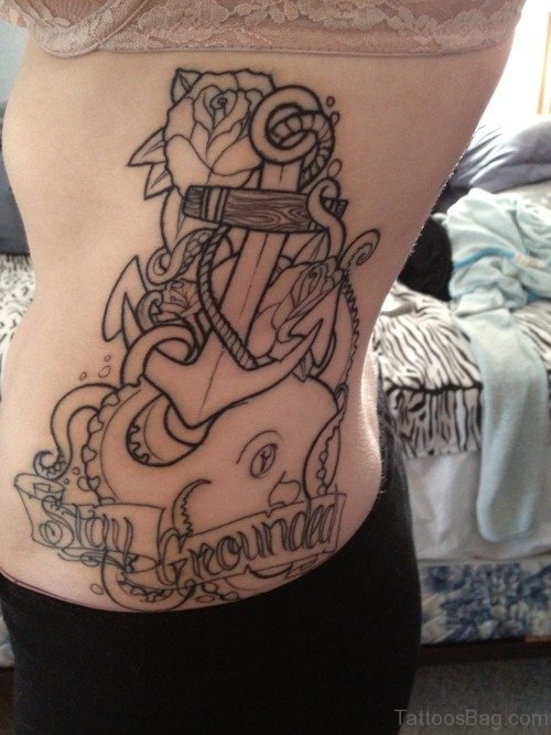 Roses Anchor Tattoo On Rib Side