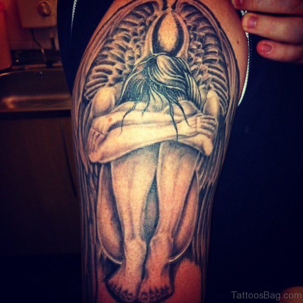 Sad Angel Half Sleeves Shoulder Tattoo