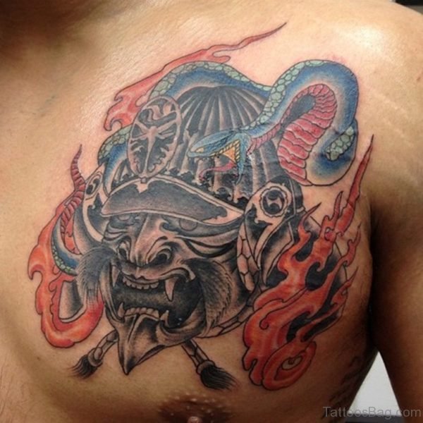 Samurai With And Snake Flame On Chest