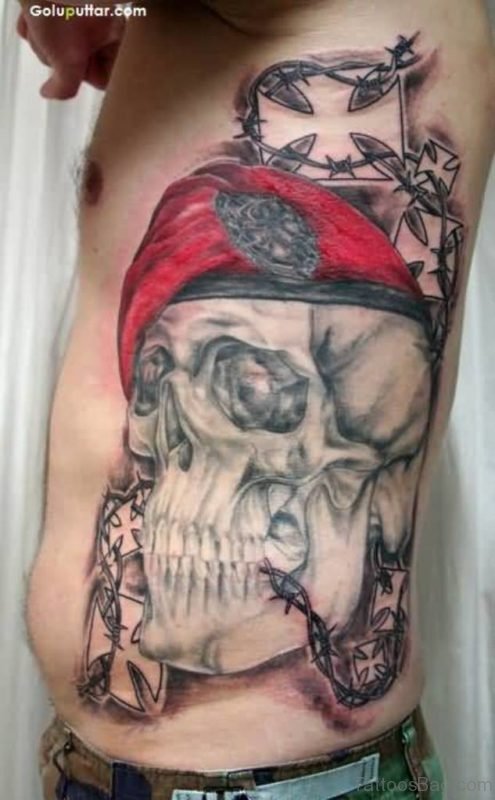 Scary Army Skull With Red Hat Tattoo On Rib