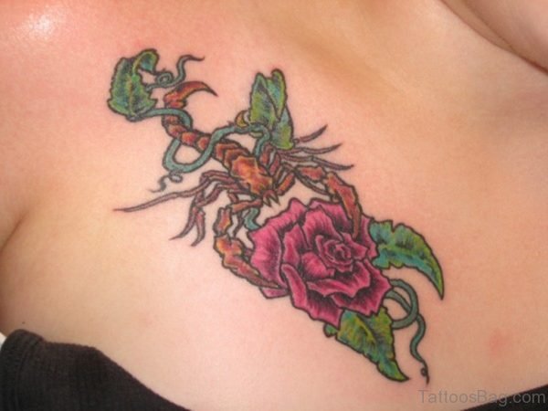 Scorpion And Rose flower Chest Tattoo