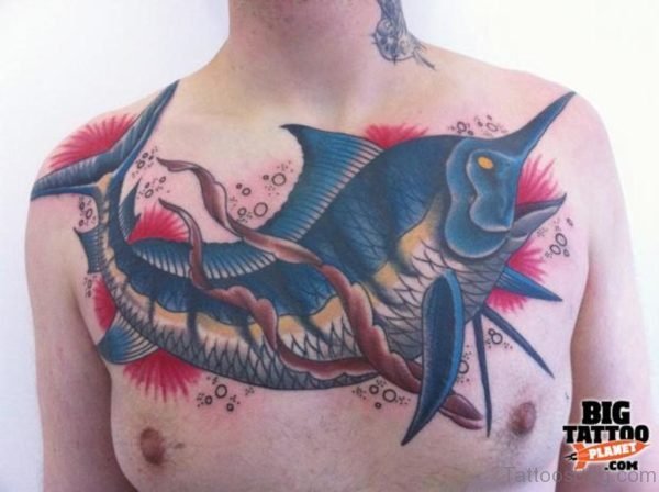 Shark Fish Tattoo On Chest For Men