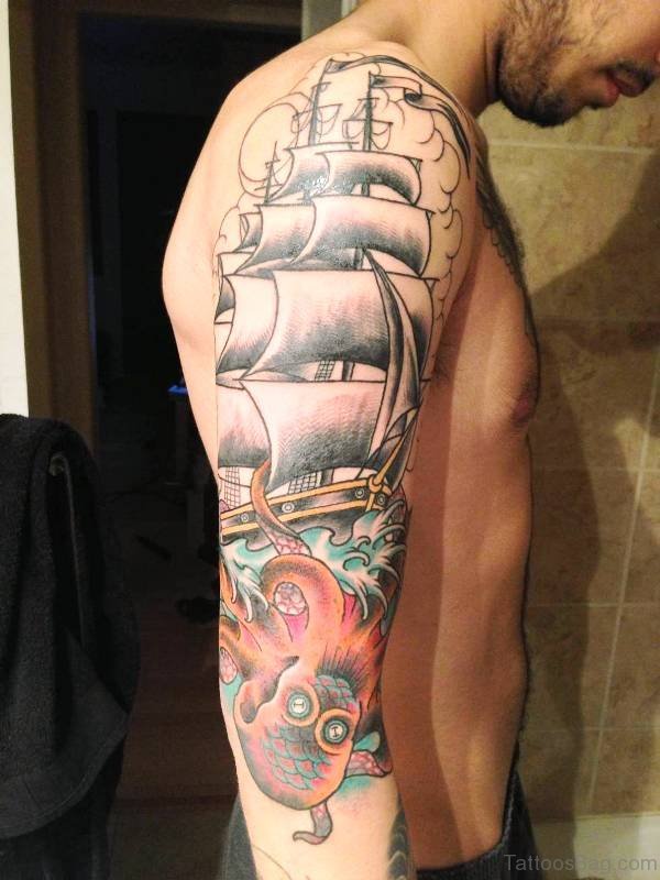 Ship Tattoo Shoulder On Right Shoulder