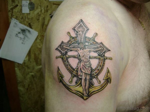 Ship Wheel And Jesus Tattoo
