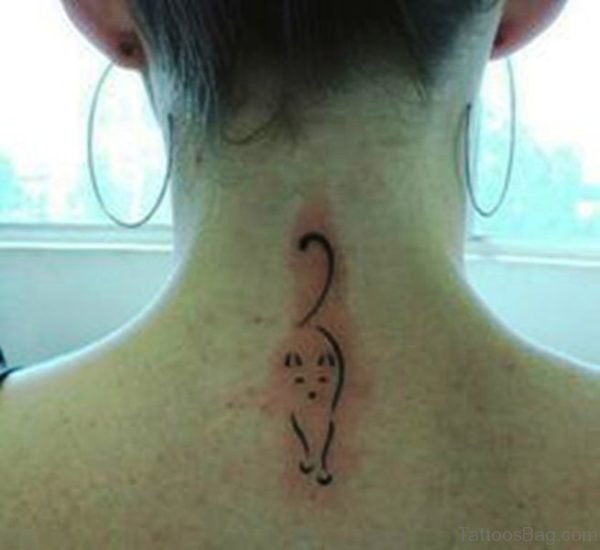 Simple Cat Tattoo On Neck Back