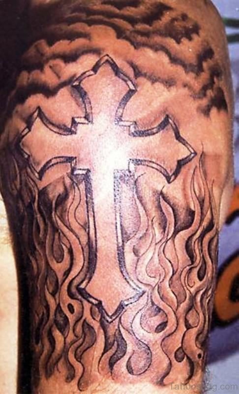 Simple Cross Tattoo On Right Shoulder 