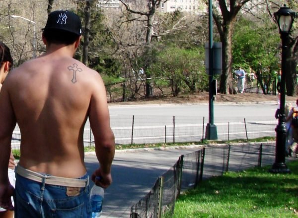 Simple Cross Tattoo On Shoulder Back 