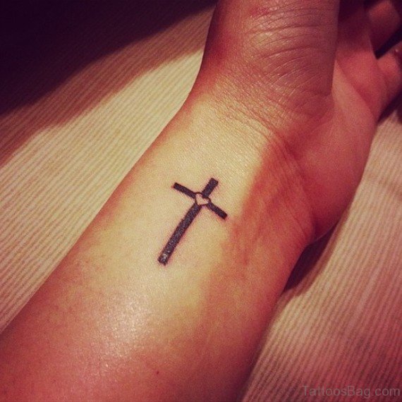 Simple Heart Cross Tatto On Inner Wrist