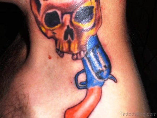 Skull And Gun Tattoo On Neck