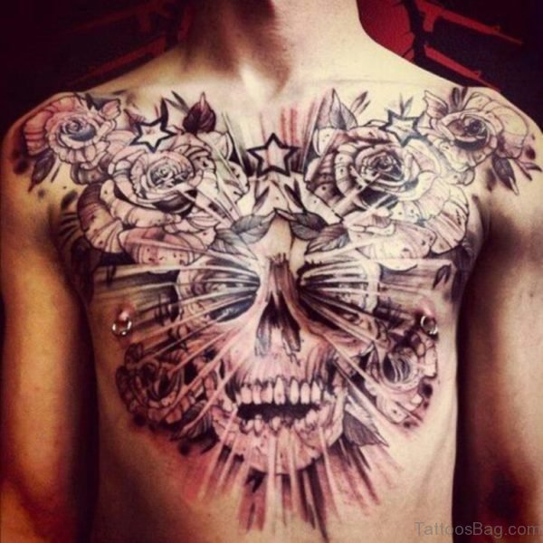 Skull And Rose Tattoo On Chest