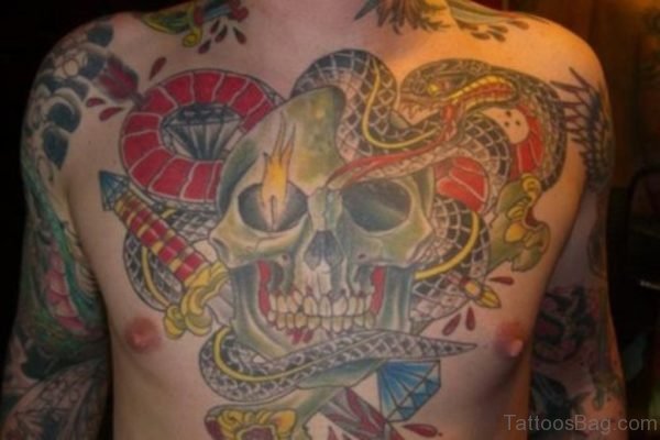 Skull And Snakes Chest Tattoo