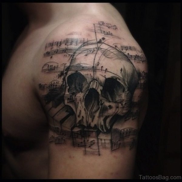 Skull Musical Tattoo On Shoulder