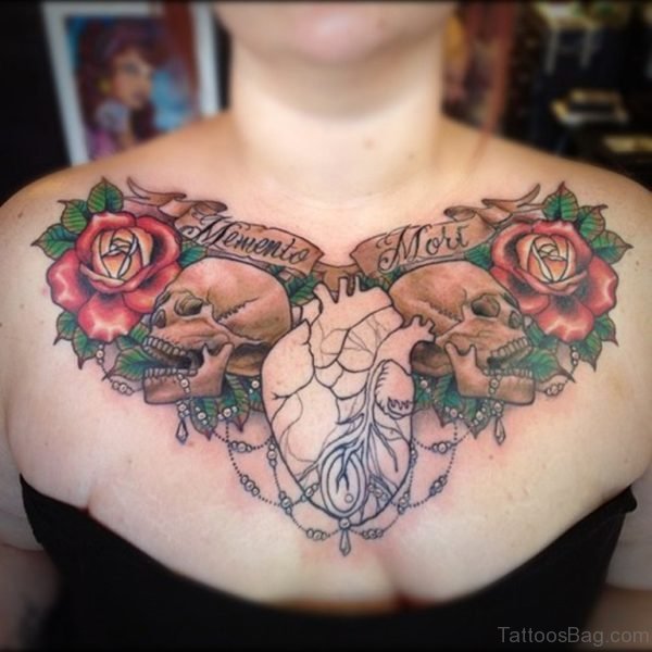 Skull Rose Tattoo On Chest