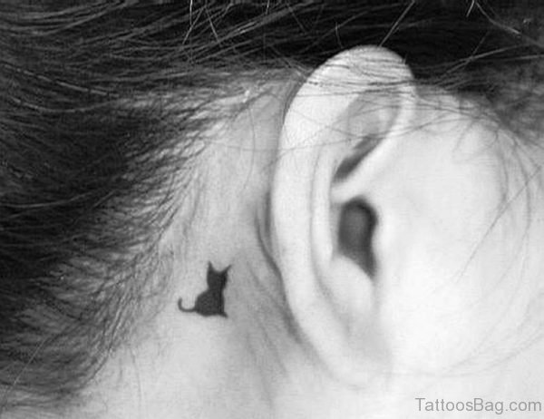 Small Cat Tattoo On Neck Behind Ear