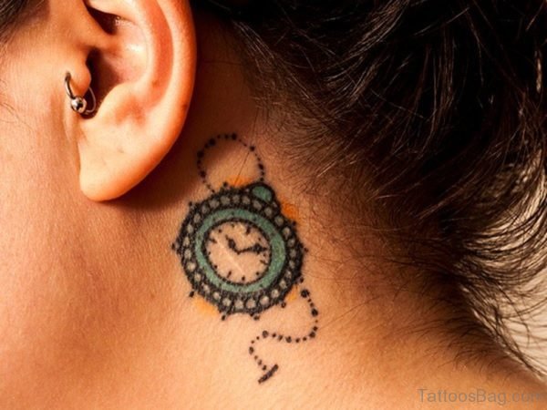 Small Clock Tattoo On Neck 