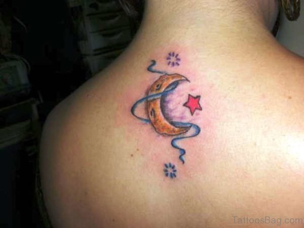 Small Colorful Moon And Star Tattoo