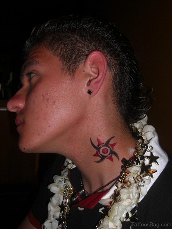 Small Red ANd Black Tribal Neck Tattoo