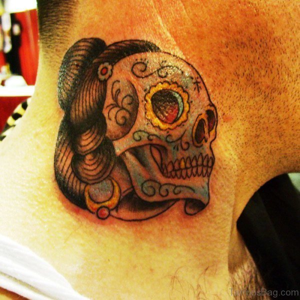Small Skull Neck Tattoo