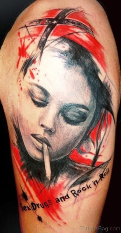 Smoking Girl Tattoo On Shoulder