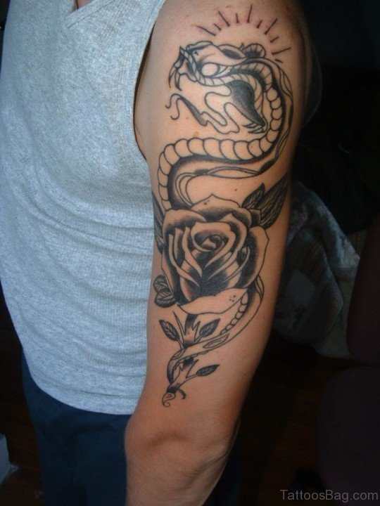 Snake And Rose Tattoo On Shoulder