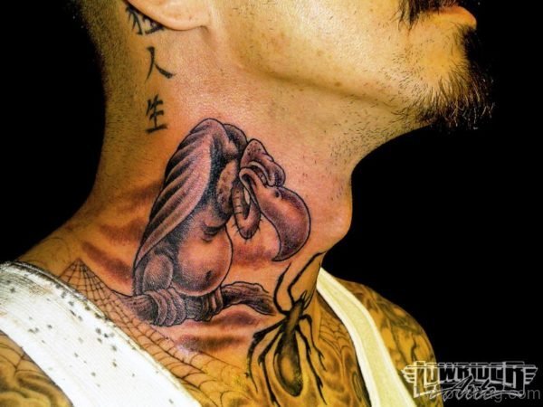 Spinder And Old Bird Tattoo On Neck