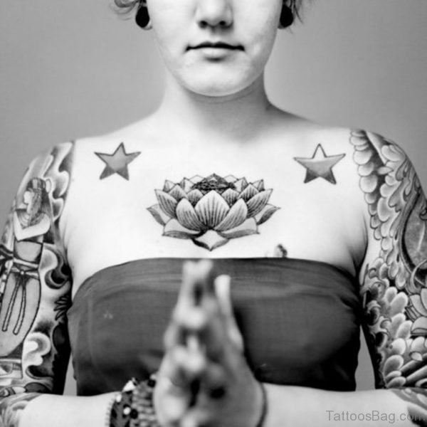 Stars And Lotus Flower Tattoo On Girl Chest