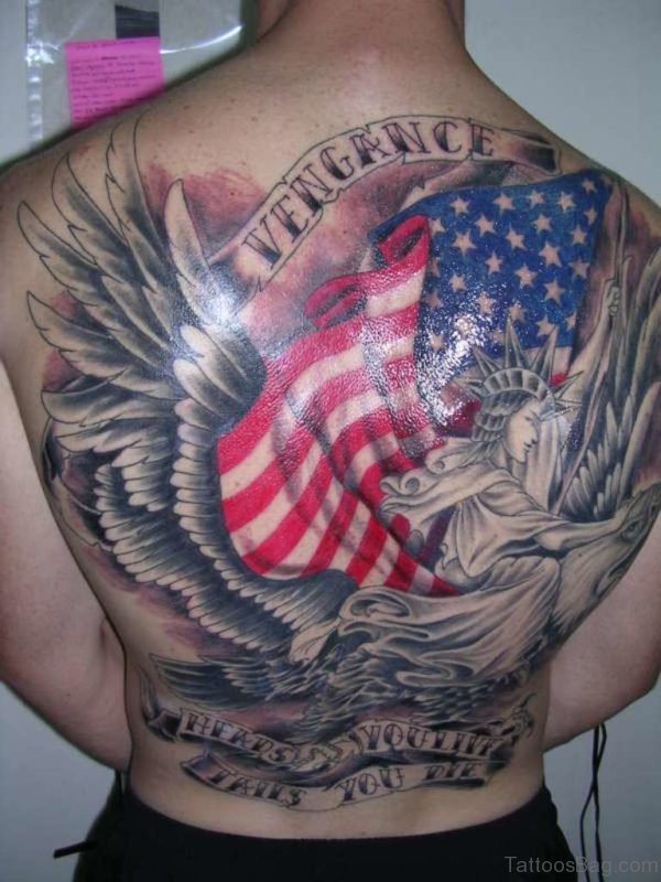 Statue Of Liberty Sit On Flying Eagle With American Flag Tattoo On Back
