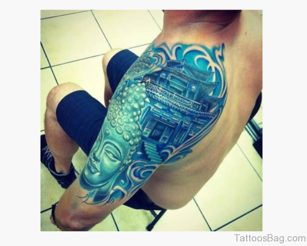 Stunning Blue Shoulder Half Sleeves Tattoo
