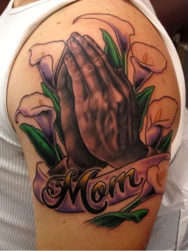 Stunning Praying Hands Tattoo On Shoulder