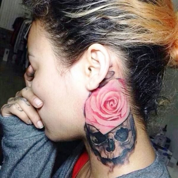 Stunning Skull And Rose Tattoo On Neck