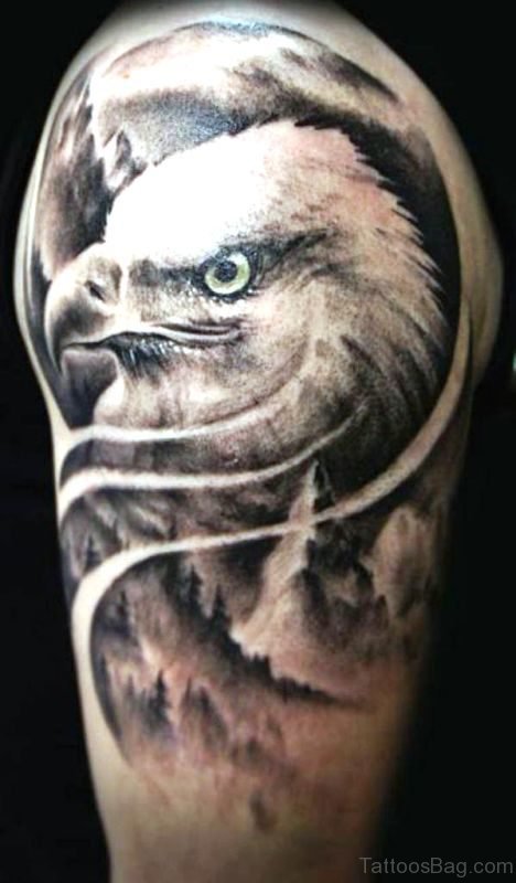 Stylish Black And White Eagle Shoulder Tattoo