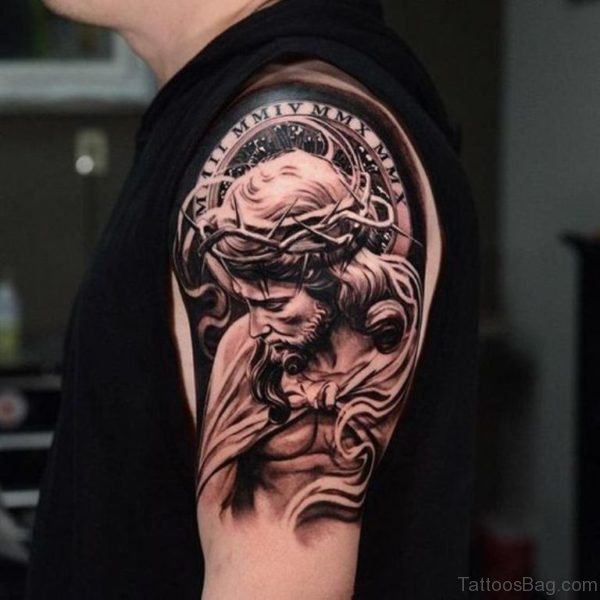 Stylish Jesus Tattoo On Shoulder