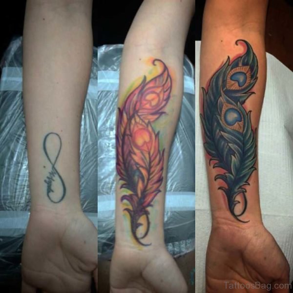 Stylish Three Peacock Feather Wrist Tattoo