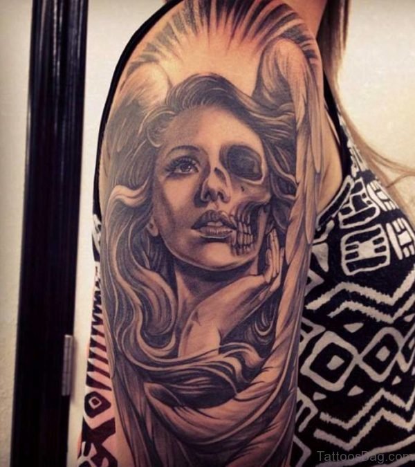 Sugar Skull Girl Portrait Tattoo On Half Sleeve