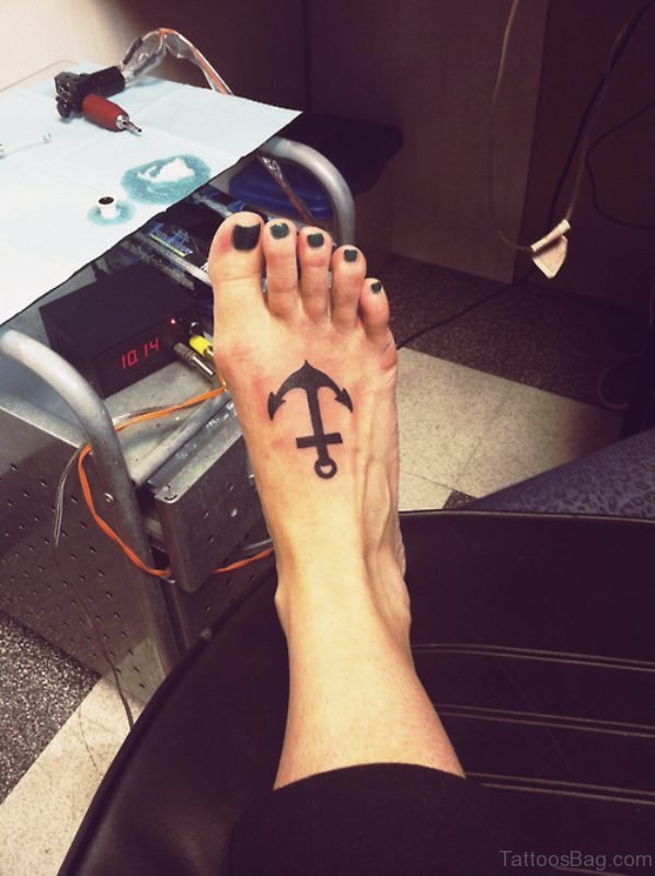 Superb Black Anchor Tattoo On Foot