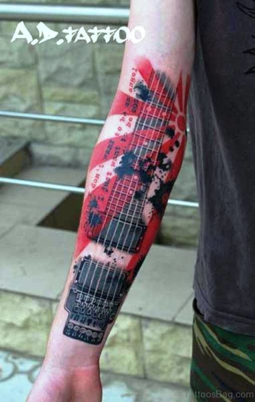 Superb Red Guitar Tattoo On Forearm