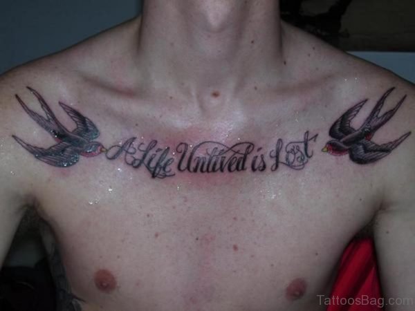 Swallows With Banner Tattoo On Chest