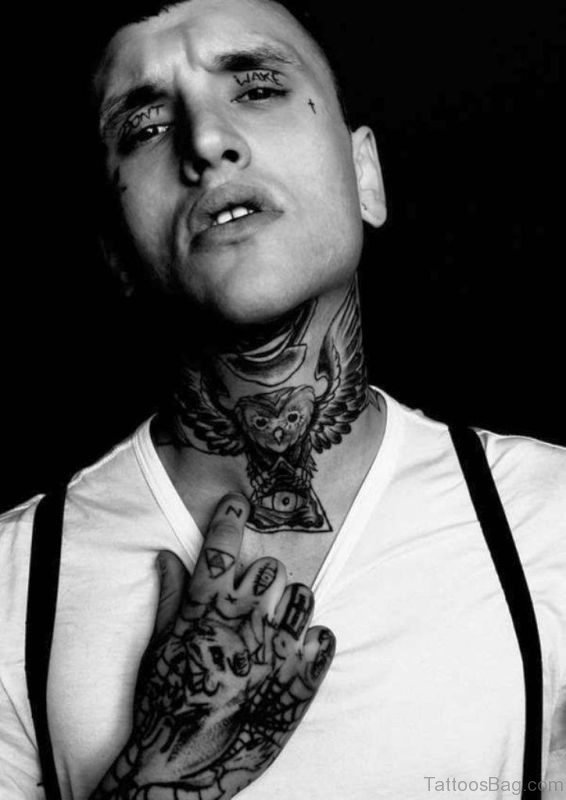 Sweet Black Owl Tattoo On Neck
