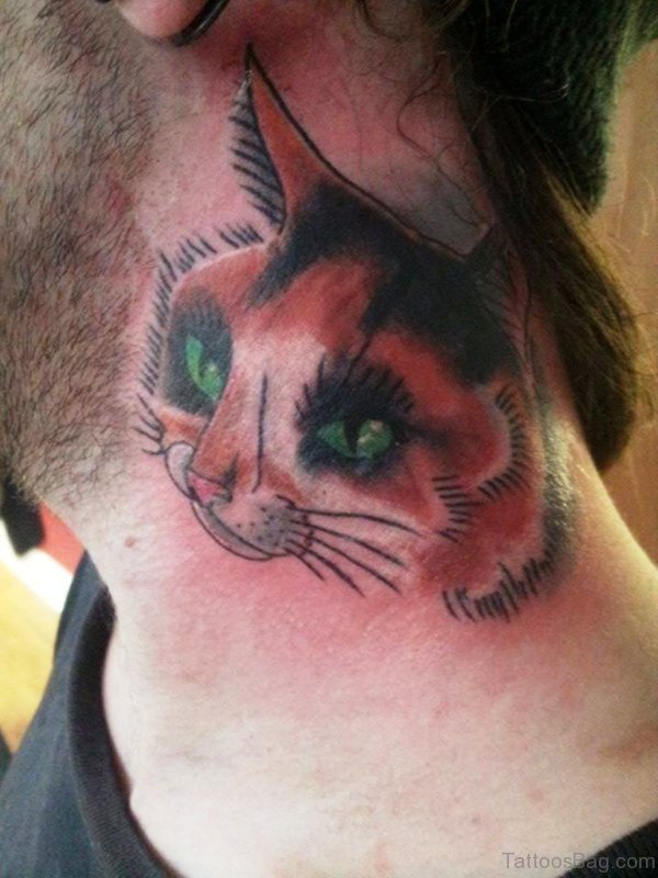Sweet Cat Face Tattoo On Neck