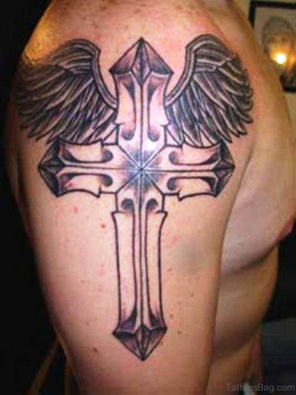 Sweet Cross Wings Shoulder Tattoo