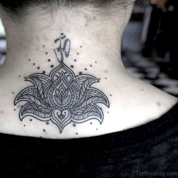 Sweet Om And Lotus Neck Tattoo