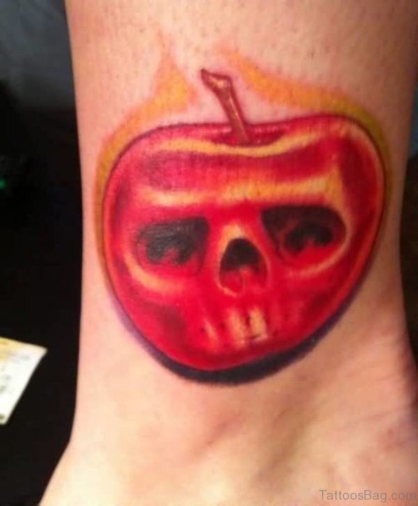 Sweet Red Apple Skull Tattoo Design On Ankle.