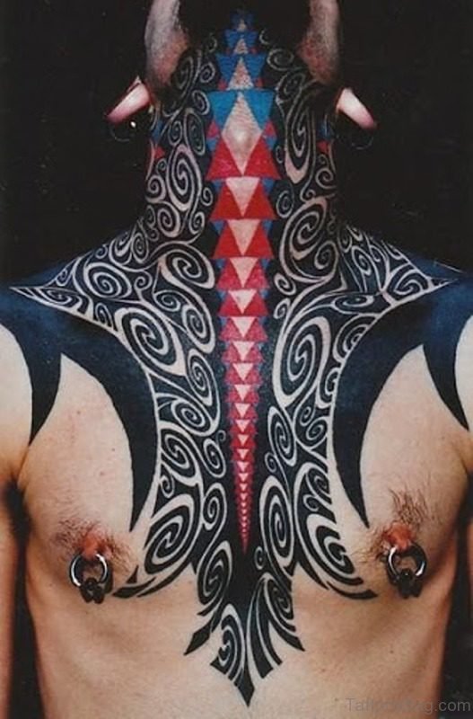 Sweet Tribal Colored Tattoo On Neck
