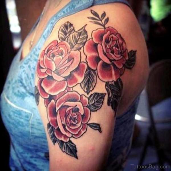 Three Rose Flower Tattoo On left Shoulder